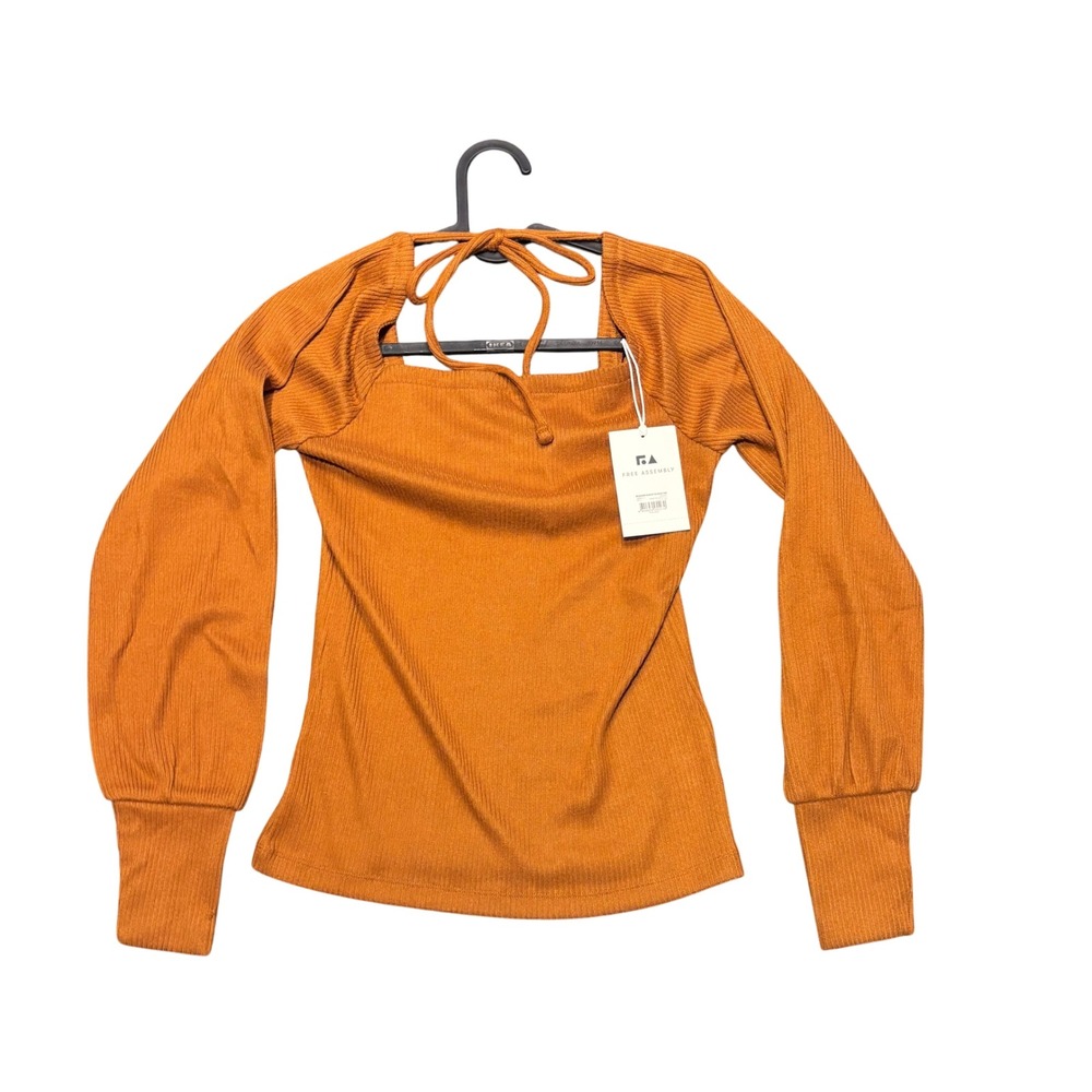 Free Assembly Womens Square Neck Long Sleeve Ribbed Top‎ Burnt Orange XS